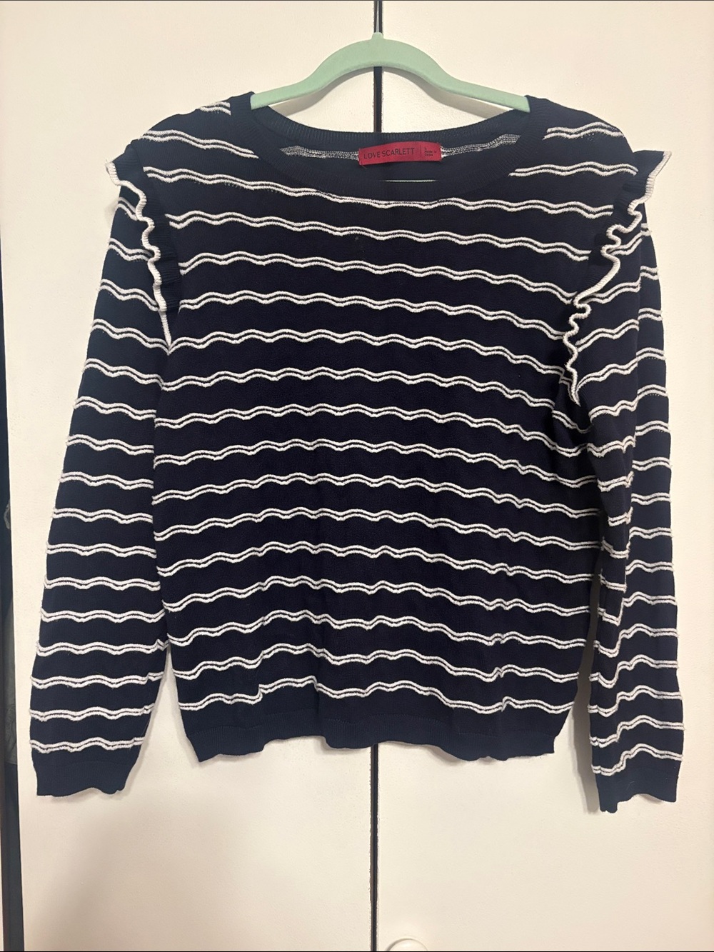 Love Scarlett Navy & White Wavy-Striped Ruffle-Shoulder Sweater